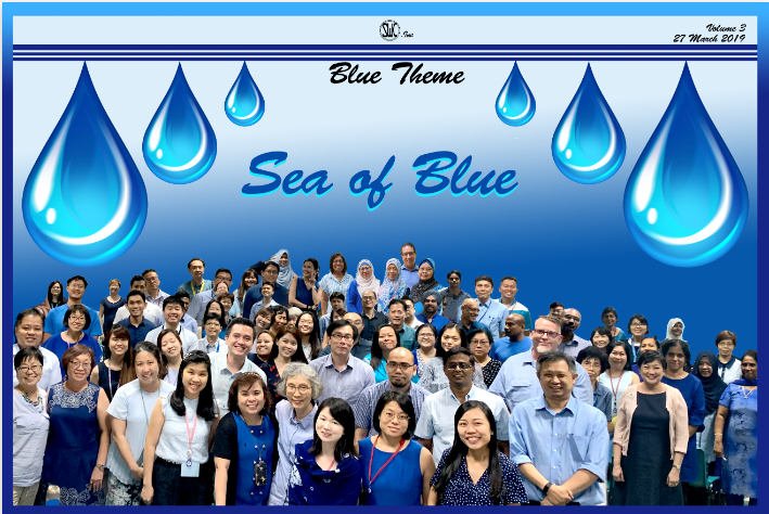A group of people against a blue backdrop with the titles Blue Theme and Sea of Blue